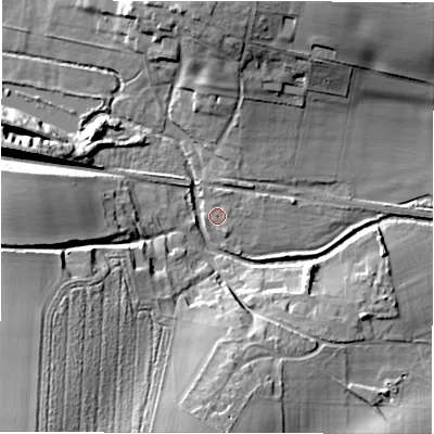 Shaded relief map of the ground around SP51JF, computed from Environment Agency LiDAR. The ground here sits at about 39 m above sea level and falls 27 m across the surrounding 800 m. Surface water reaching this point runs off ground lying to the east-north-east, 1.3 m higher.