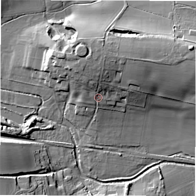Shaded relief map of the ground around SP51JQ, computed from Environment Agency LiDAR. The ground here sits at about 47 m above sea level and falls 25 m across the surrounding 800 m. Surface water reaching this point runs off ground lying to the north, 9.3 m higher.