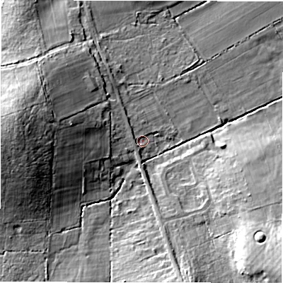 Shaded relief map of the ground around SP52AJ, computed from Environment Agency LiDAR. The ground here sits at about 36 m above sea level and falls 20 m across the surrounding 800 m. Surface water reaching this point runs off ground lying to the west, 14.8 m higher.