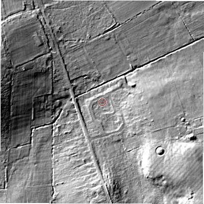 Shaded relief map of the ground around SP52AL, computed from Environment Agency LiDAR. The ground here sits at about 37 m above sea level and falls 22 m across the surrounding 800 m. Surface water reaching this point runs off ground lying to the south-east, 15.6 m higher.