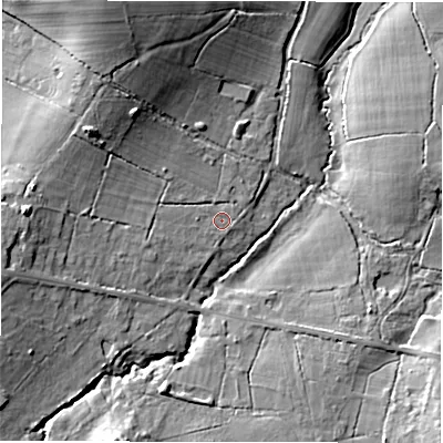 Shaded relief map of the ground around SP52BD, computed from Environment Agency LiDAR. The ground here sits at about 27 m above sea level and falls 19 m across the surrounding 800 m. Surface water reaching this point runs off ground lying to the west-south-west, 2.4 m higher.