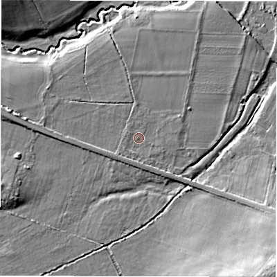 Shaded relief map of the ground around SP52BE, computed from Environment Agency LiDAR. The ground here sits at about 28 m above sea level and falls 17 m across the surrounding 800 m. Surface water reaching this point runs off ground lying to the south-west, 1.3 m higher.