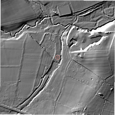 Shaded relief map of the ground around SP52BG, computed from Environment Agency LiDAR. The ground here sits at about 25 m above sea level and falls 19 m across the surrounding 800 m. Surface water reaching this point runs off ground lying to the east, 16.1 m higher.