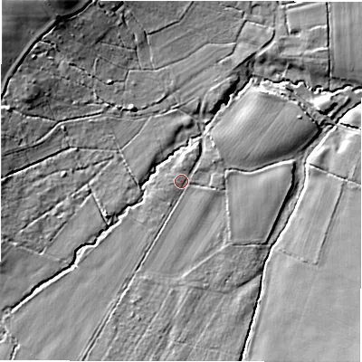 Shaded relief map of the ground around SP52DP, computed from Environment Agency LiDAR. The ground here sits at about 37 m above sea level and falls 16 m across the surrounding 800 m. Surface water reaching this point runs off ground lying to the south-south-west, 3.6 m higher.