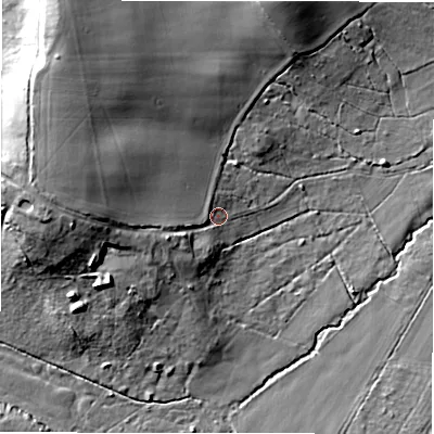 Shaded relief map of the ground around SP52DS, computed from Environment Agency LiDAR. The ground here sits at about 43 m above sea level and falls 25 m across the surrounding 800 m. Surface water reaching this point runs off ground lying to the west, 18.7 m higher.