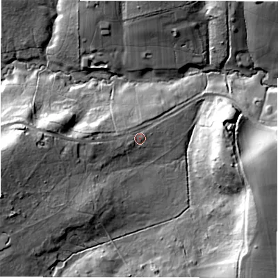 Shaded relief map of the ground around SP52EA, computed from Environment Agency LiDAR. The ground here sits at about 49 m above sea level and falls 30 m across the surrounding 800 m. Surface water reaching this point runs off ground lying to the west, 6.8 m higher.