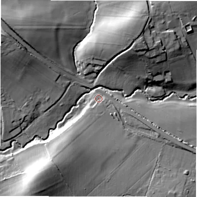 Shaded relief map of the ground around SP52ED, computed from Environment Agency LiDAR. The ground here sits at about 28 m above sea level and falls 21 m across the surrounding 800 m. Surface water reaching this point runs off ground lying to the south-west, 15.0 m higher.