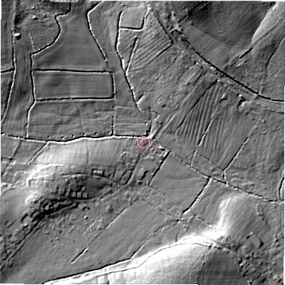 Shaded relief map of the ground around SP52PD, computed from Environment Agency LiDAR. The ground here sits at about 53 m above sea level and falls 19 m across the surrounding 800 m. Surface water reaching this point runs off ground lying to the north-west, 15.7 m higher.