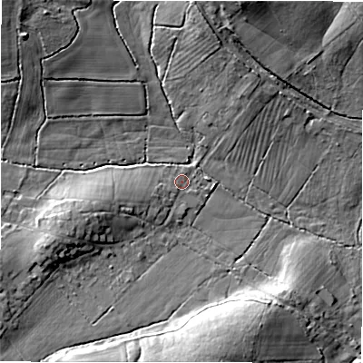 Shaded relief map of the ground around SP52PE, computed from Environment Agency LiDAR. The ground here sits at about 53 m above sea level and falls 19 m across the surrounding 800 m. Surface water reaching this point runs off ground lying to the west-south-west, 3.6 m higher.