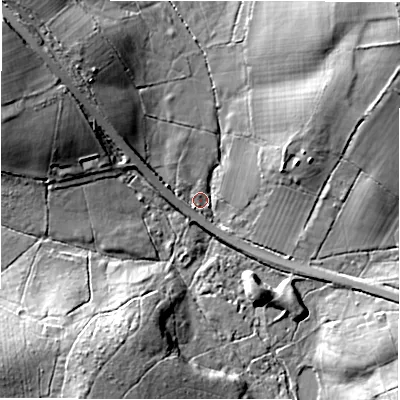 Shaded relief map of the ground around SP52QW, computed from Environment Agency LiDAR. The ground here sits at about 45 m above sea level and falls 24 m across the surrounding 800 m. Surface water reaching this point runs off ground lying to the north-west, 16.2 m higher.