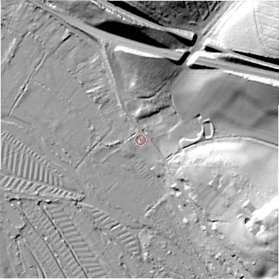 Shaded relief map of the ground around SP53DE, computed from Environment Agency LiDAR. The ground here sits at about 44 m above sea level and falls 39 m across the surrounding 800 m. Surface water reaching this point runs off ground lying to the north-east, 36.4 m higher.