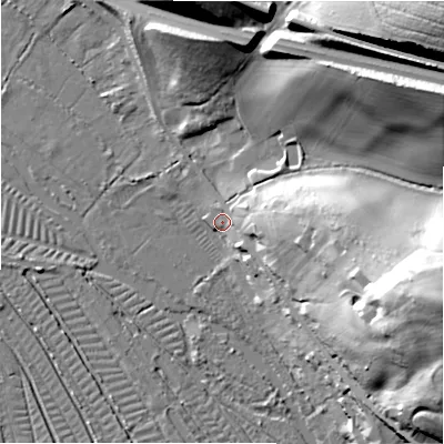 Shaded relief map of the ground around SP53DG, computed from Environment Agency LiDAR. The ground here sits at about 45 m above sea level and falls 43 m across the surrounding 800 m. Surface water reaching this point runs off ground lying to the east, 20.1 m higher.