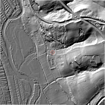 Shaded relief map of the ground around SP53DJ, computed from Environment Agency LiDAR. The ground here sits at about 48 m above sea level and falls 52 m across the surrounding 800 m. Surface water reaching this point runs off ground lying to the east-north-east, 43.5 m higher.