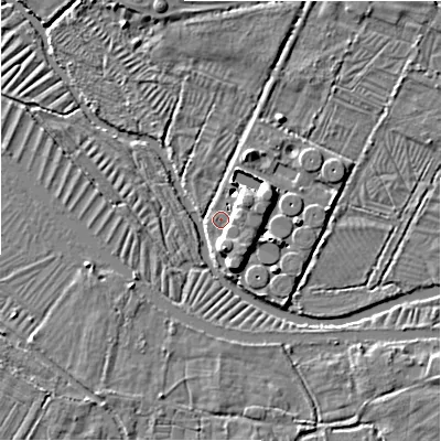 Shaded relief map of the ground around SP53EU, computed from Environment Agency LiDAR. The ground here sits at about 43 m above sea level and falls 7 m across the surrounding 800 m. Surface water reaching this point runs off ground lying to the north-east, 6.5 m higher.