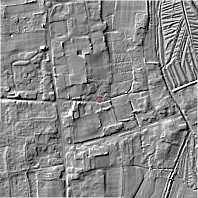 Shaded relief map of the ground around SP53HG, computed from Environment Agency LiDAR. The ground here sits at about 36 m above sea level and falls 8 m across the surrounding 800 m. Surface water reaching this point runs off ground lying to the west-south-west, 2.9 m higher.