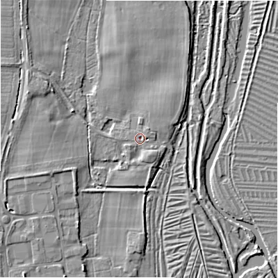 Shaded relief map of the ground around SP53JF, computed from Environment Agency LiDAR. The ground here sits at about 37 m above sea level and falls 5 m across the surrounding 800 m. Surface water reaching this point runs off ground lying to the south-west, 0.8 m higher.