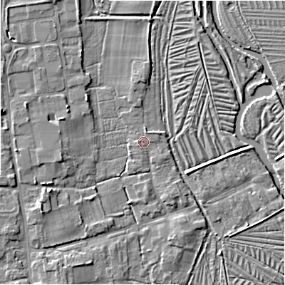 Shaded relief map of the ground around SP53JQ, computed from Environment Agency LiDAR. The ground here sits at about 36 m above sea level and falls 8 m across the surrounding 800 m. Surface water reaching this point runs off ground lying to the north-east, 0.7 m higher.