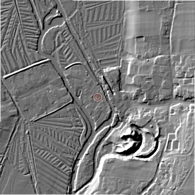 Shaded relief map of the ground around SP53LT, computed from Environment Agency LiDAR. The ground here sits at about 36 m above sea level and falls 23 m across the surrounding 800 m. Surface water reaching this point runs off ground lying to the east-north-east, 1.4 m higher.