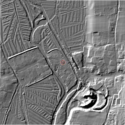 Shaded relief map of the ground around SP53LU, computed from Environment Agency LiDAR. The ground here sits at about 36 m above sea level and falls 21 m across the surrounding 800 m. Surface water reaching this point runs off ground lying to the east, 1.3 m higher.