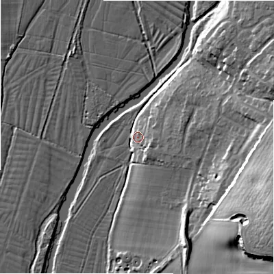 Shaded relief map of the ground around SP53LW, computed from Environment Agency LiDAR. The ground here sits at about 37 m above sea level and falls 29 m across the surrounding 800 m. Surface water reaching this point runs off ground lying to the east, 7.8 m higher.