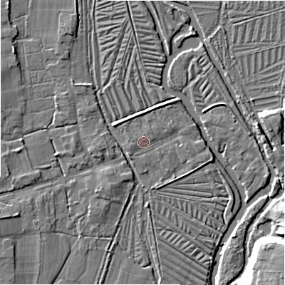 Shaded relief map of the ground around SP53LX, computed from Environment Agency LiDAR. The ground here sits at about 36 m above sea level and falls 11 m across the surrounding 800 m. Surface water reaching this point runs off ground lying to the west-south-west, 0.9 m higher.