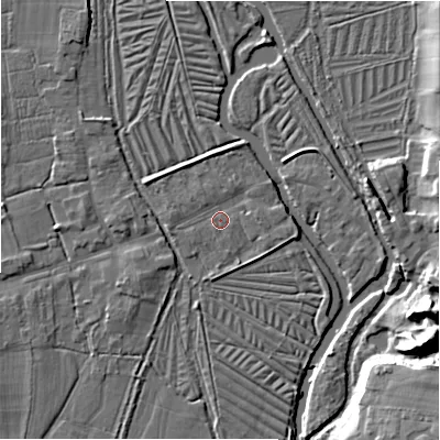 Shaded relief map of the ground around SP53LY, computed from Environment Agency LiDAR. The ground here sits at about 36 m above sea level and falls 17 m across the surrounding 800 m. Surface water reaching this point runs off ground lying to the north, 1.9 m higher.