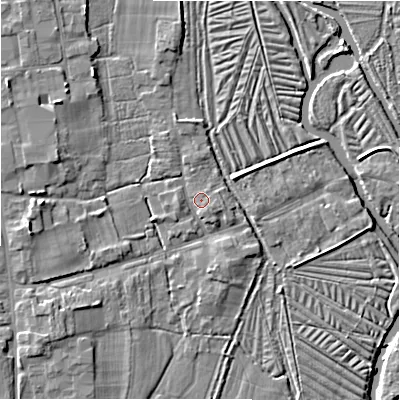 Shaded relief map of the ground around SP53LZ, computed from Environment Agency LiDAR. The ground here sits at about 36 m above sea level and falls 6 m across the surrounding 800 m. Surface water reaching this point runs off ground lying to the south-east, 0.9 m higher.