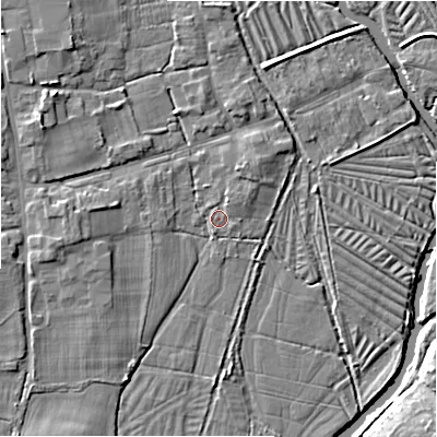 Shaded relief map of the ground around SP53NA, computed from Environment Agency LiDAR. The ground here sits at about 35 m above sea level and falls 8 m across the surrounding 800 m. Surface water reaching this point runs off ground lying to the north-north-east, 1.2 m higher.