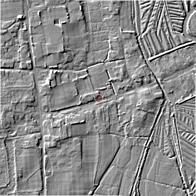 Shaded relief map of the ground around SP53NB, computed from Environment Agency LiDAR. The ground here sits at about 36 m above sea level and falls 8 m across the surrounding 800 m. Surface water reaching this point runs off ground lying to the west-north-west, 3.6 m higher.