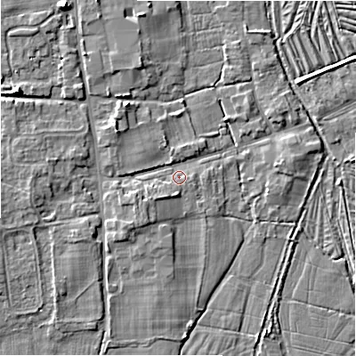 Shaded relief map of the ground around SP53ND, computed from Environment Agency LiDAR. The ground here sits at about 36 m above sea level and falls 8 m across the surrounding 800 m. Surface water reaching this point runs off ground lying to the south-west, 2.7 m higher.