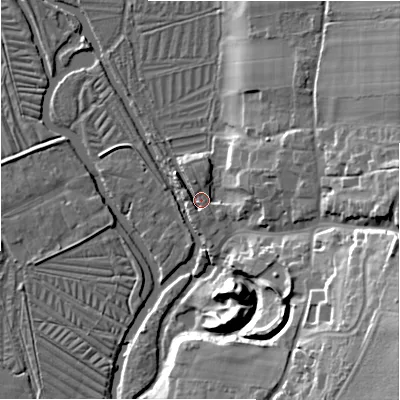 Shaded relief map of the ground around SP53PD, computed from Environment Agency LiDAR. The ground here sits at about 38 m above sea level and falls 27 m across the surrounding 800 m. Surface water reaching this point runs off ground lying to the east-north-east, 7.6 m higher.
