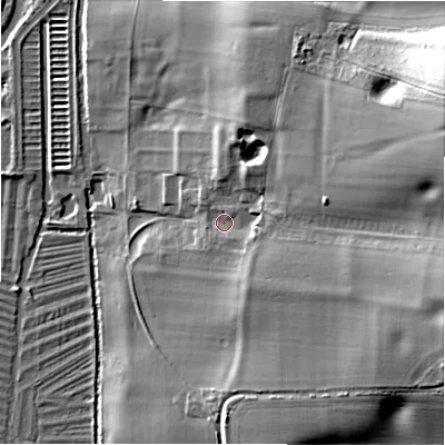 Shaded relief map of the ground around SP53QF, computed from Environment Agency LiDAR. The ground here sits at about 46 m above sea level and falls 31 m across the surrounding 800 m. Surface water reaching this point runs off ground lying to the east-north-east, 22.3 m higher.