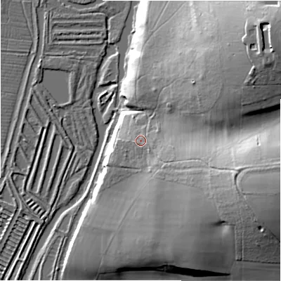 Shaded relief map of the ground around SP53QQ, computed from Environment Agency LiDAR. The ground here sits at about 49 m above sea level and falls 48 m across the surrounding 800 m. Surface water reaching this point runs off ground lying to the east-south-east, 6.8 m higher.