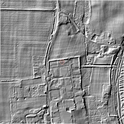 Shaded relief map of the ground around SP53RB, computed from Environment Agency LiDAR. The ground here sits at about 38 m above sea level and falls 7 m across the surrounding 800 m. Surface water reaching this point runs off ground lying to the north-east, 0.9 m higher.