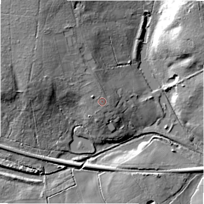 Shaded relief map of the ground around SP53RJ, computed from Environment Agency LiDAR. The ground here sits at about 69 m above sea level and falls 23 m across the surrounding 800 m. Surface water reaching this point runs off ground lying to the west-north-west, 1.4 m higher.