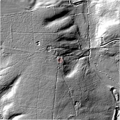 Shaded relief map of the ground around SP53RL, computed from Environment Agency LiDAR. The ground here sits at about 76 m above sea level and falls 26 m across the surrounding 800 m. Surface water reaching this point runs off ground lying to the west, 6.7 m higher.