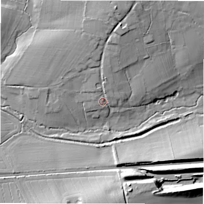 Shaded relief map of the ground around SP53SB, computed from Environment Agency LiDAR. The ground here sits at about 54 m above sea level and falls 25 m across the surrounding 800 m. Surface water reaching this point runs off ground lying to the north, 17.0 m higher.