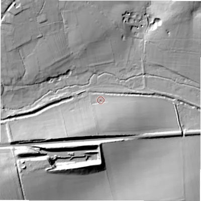 Shaded relief map of the ground around SP53SD, computed from Environment Agency LiDAR. The ground here sits at about 49 m above sea level and falls 27 m across the surrounding 800 m. Surface water reaching this point runs off ground lying to the south-south-west, 13.4 m higher.