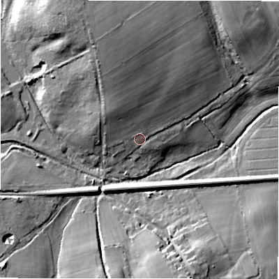 Shaded relief map of the ground around SP53SE, computed from Environment Agency LiDAR. The ground here sits at about 60 m above sea level and falls 23 m across the surrounding 800 m. Surface water reaching this point runs off ground lying to the north-north-west, 13.4 m higher.