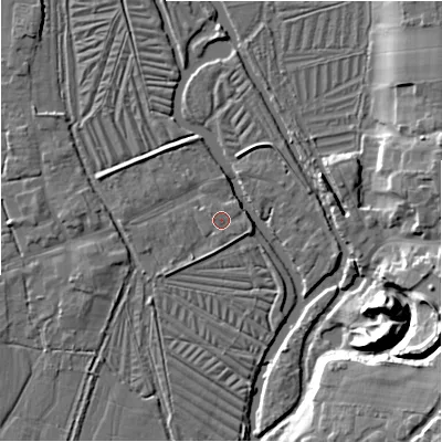 Shaded relief map of the ground around SP53SY, computed from Environment Agency LiDAR. The ground here sits at about 36 m above sea level and falls 17 m across the surrounding 800 m. Surface water reaching this point runs off ground lying to the east, 0.7 m higher.