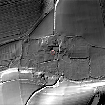 Shaded relief map of the ground around SP54AT, computed from Environment Agency LiDAR. The ground here sits at about 65 m above sea level and falls 41 m across the surrounding 800 m. Surface water reaching this point runs off ground lying to the north, 5.3 m higher.