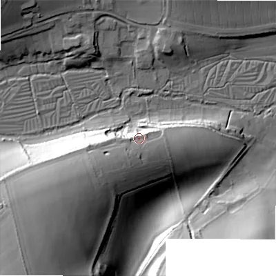 Shaded relief map of the ground around SP54BE, computed from Environment Agency LiDAR. The ground here sits at about 82 m above sea level and falls 43 m across the surrounding 800 m. Surface water reaching this point runs off ground lying to the south-west, 18.3 m higher.