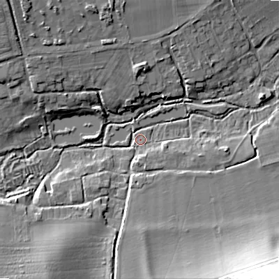 Shaded relief map of the ground around SP54BS, computed from Environment Agency LiDAR. The ground here sits at about 71 m above sea level and falls 27 m across the surrounding 800 m. Surface water reaching this point runs off ground lying to the north-west, 12.5 m higher.