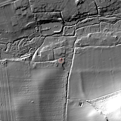 Shaded relief map of the ground around SP54BU, computed from Environment Agency LiDAR. The ground here sits at about 75 m above sea level and falls 46 m across the surrounding 800 m. Surface water reaching this point runs off ground lying to the south-west, 2.0 m higher.