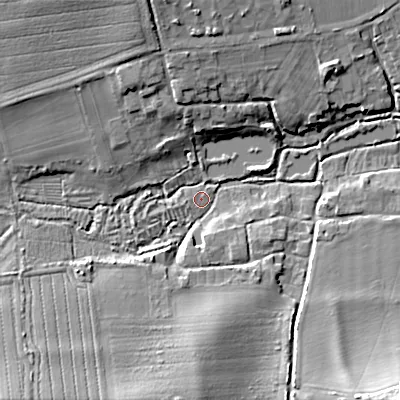 Shaded relief map of the ground around SP54BY, computed from Environment Agency LiDAR. The ground here sits at about 72 m above sea level and falls 16 m across the surrounding 800 m. Surface water reaching this point runs off ground lying to the south-west, 11.7 m higher.