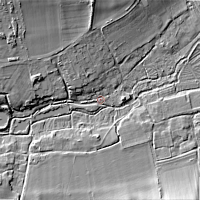 Shaded relief map of the ground around SP54DD, computed from Environment Agency LiDAR. The ground here sits at about 71 m above sea level and falls 12 m across the surrounding 800 m. Surface water reaching this point runs off ground lying to the west-north-west, 7.6 m higher.