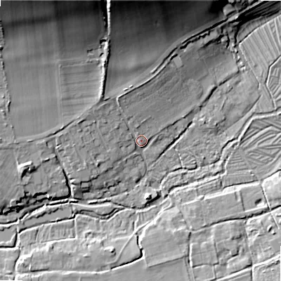 Shaded relief map of the ground around SP54DE, computed from Environment Agency LiDAR. The ground here sits at about 72 m above sea level and falls 27 m across the surrounding 800 m. Surface water reaching this point runs off ground lying to the north-north-west, 23.3 m higher.