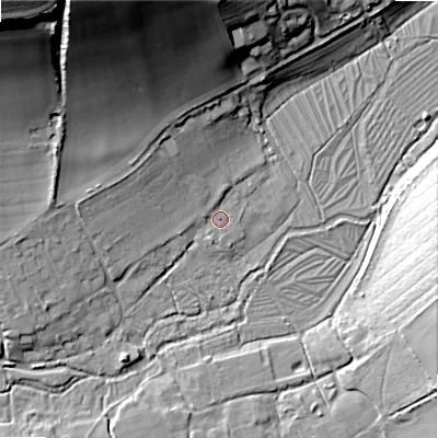 Shaded relief map of the ground around SP54DQ, computed from Environment Agency LiDAR. The ground here sits at about 70 m above sea level and falls 44 m across the surrounding 800 m. Surface water reaching this point runs off ground lying to the north-west, 5.6 m higher.