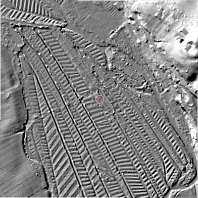 Shaded relief map of the ground around SP54DR, computed from Environment Agency LiDAR. The ground here sits at about 42 m above sea level and falls 37 m across the surrounding 800 m. Surface water reaching this point runs off ground lying to the north-west, 2.8 m higher.