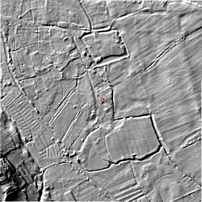 Shaded relief map of the ground around SP54DU, computed from Environment Agency LiDAR. The ground here sits at about 44 m above sea level and falls 17 m across the surrounding 800 m. Surface water reaching this point runs off ground lying to the north-north-east, 0.8 m higher.